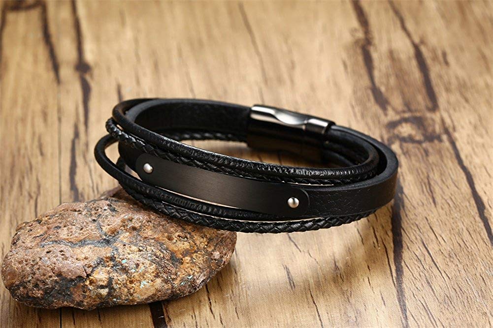Mens Leather with Stainless Steel Magnetic Clasp Bracelet